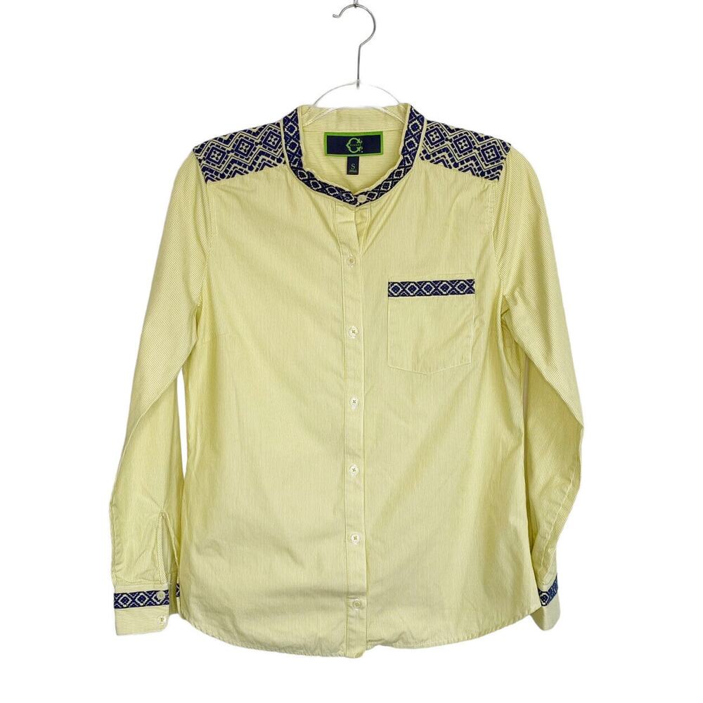 C Wonder Shirt Women Size Small Yellow/White Striped Embroidered Mandarin Collar